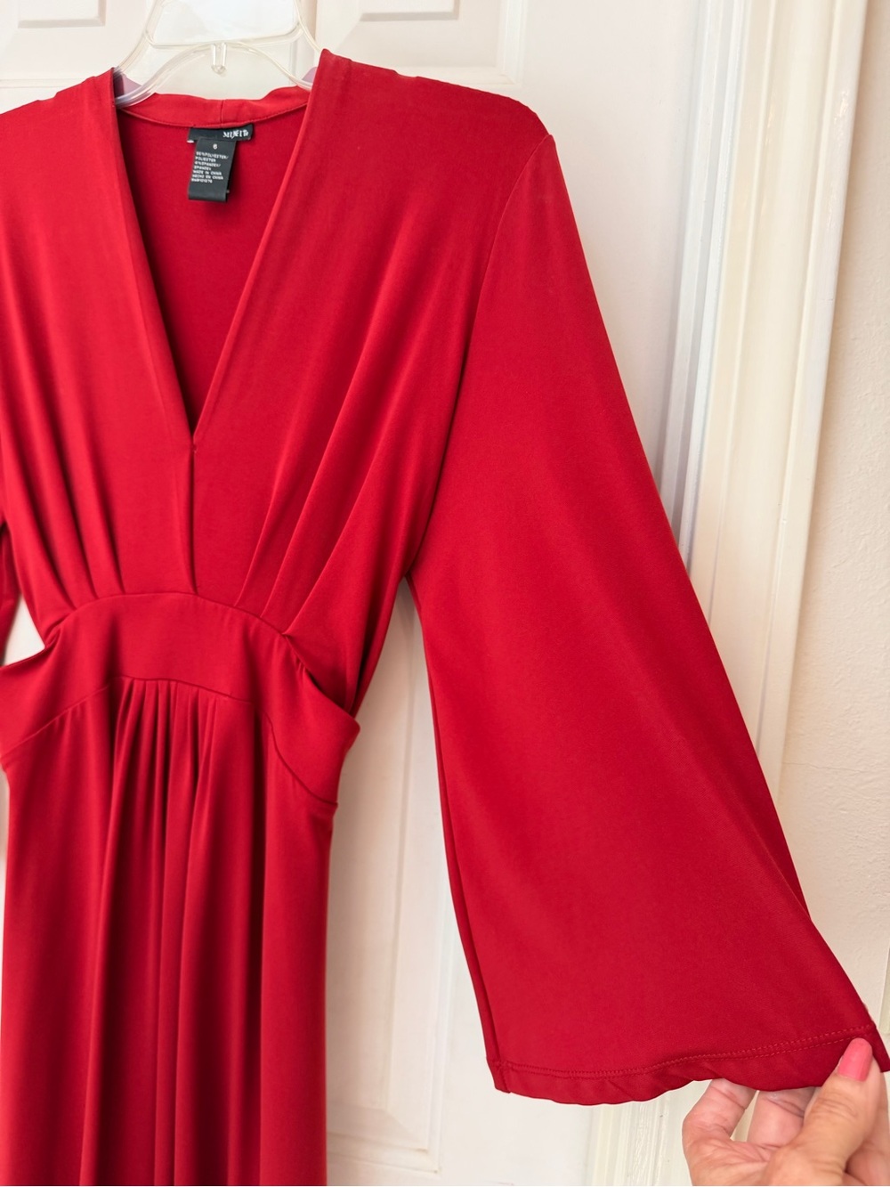 Mixit Red V-Neck Midi Flared Soft Knit Dress with Wrap Tie Belt, Sz 6 - Picture 7 of 14